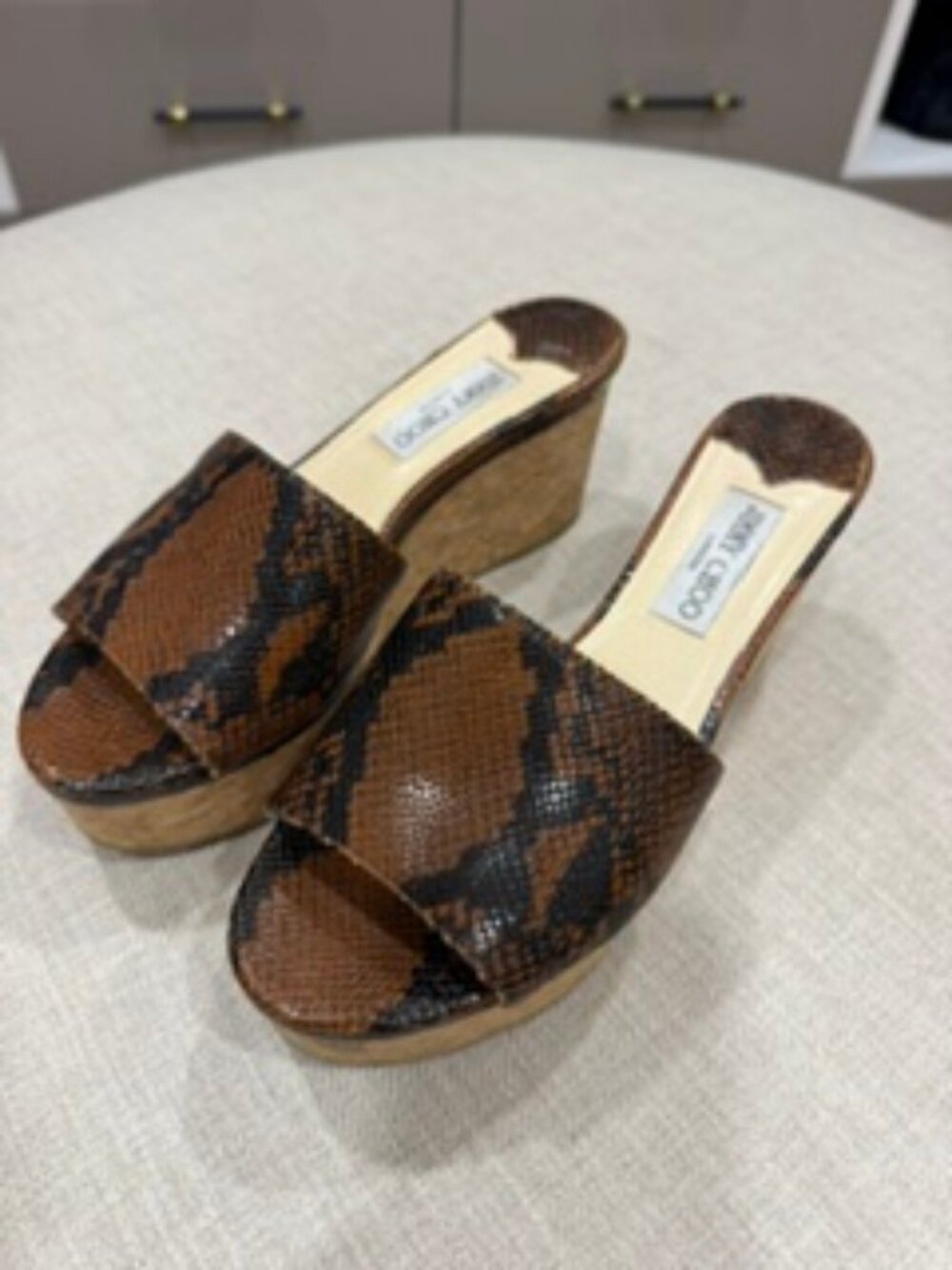 Jimmy Choo Brown Snakeskin Print Cork Platform Wedge Sandals